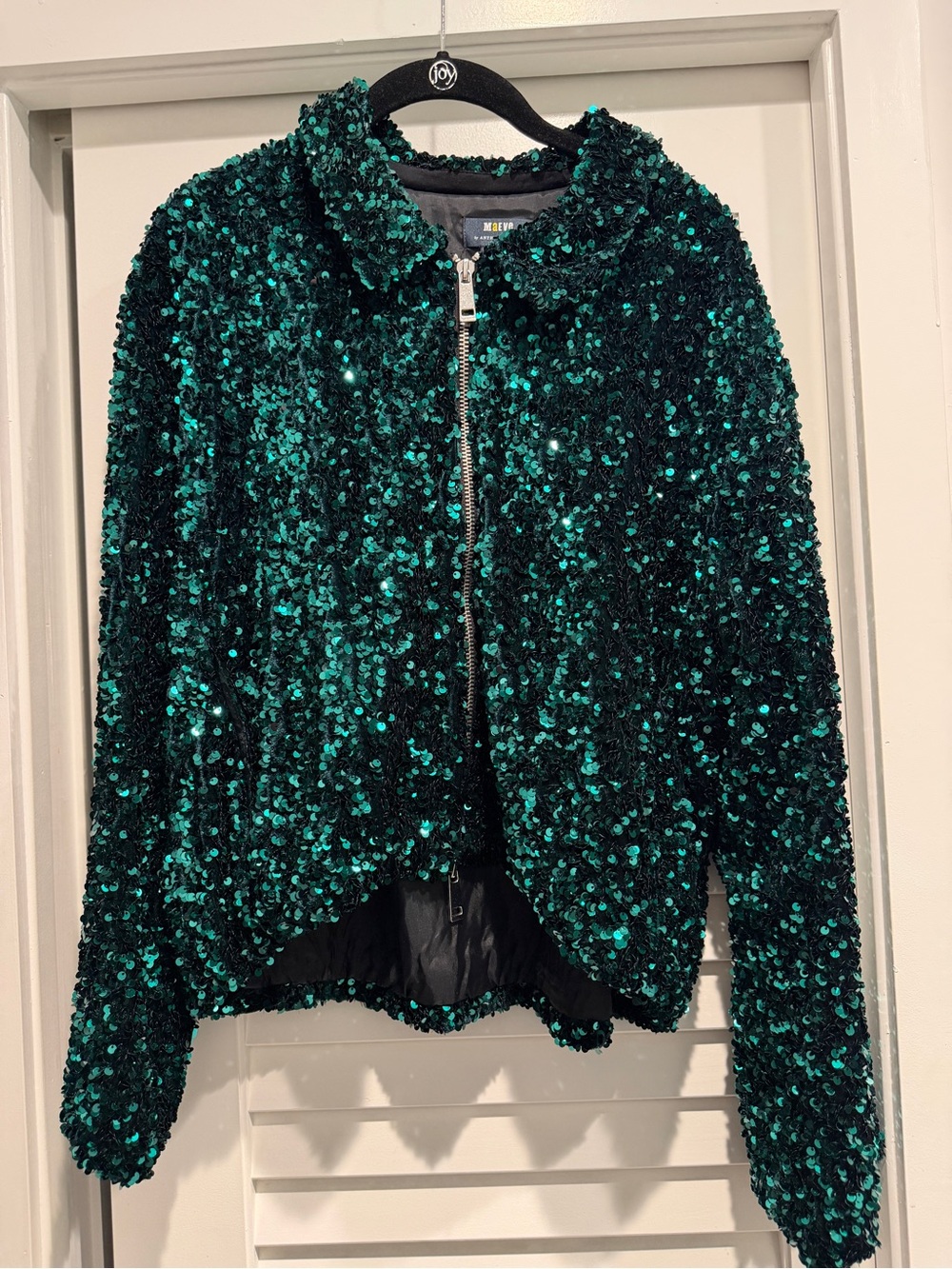 Maeve Emerald Green Sequin Zip-Front Jacket with Collar